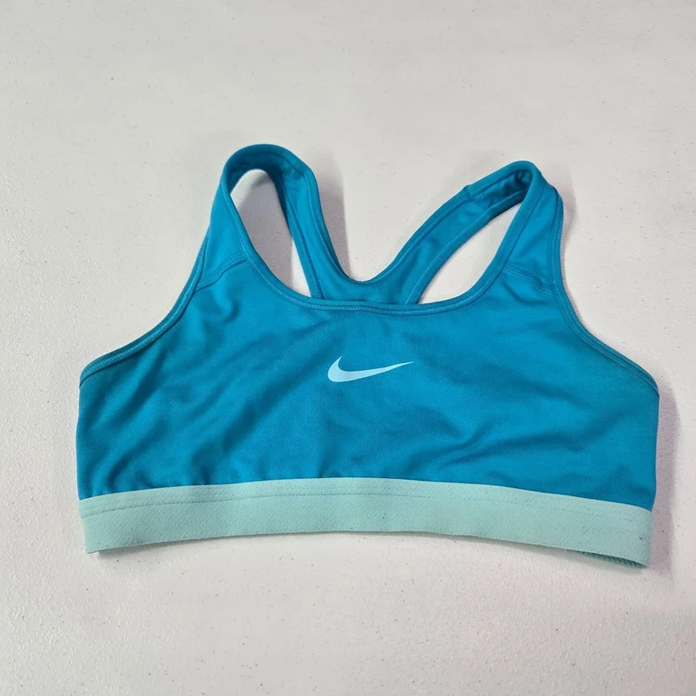 Nike Women Sports Bra Small Blue Dri‎ Fit Swoosh Logo Racerback Pullover